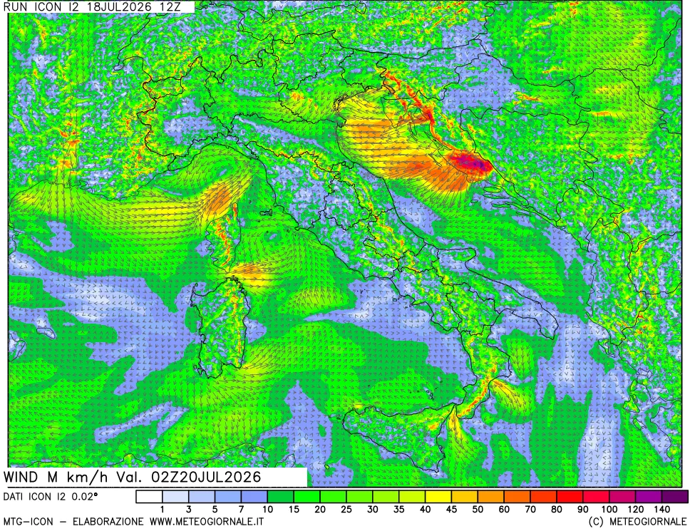 mappa 10 m Vento raffica massima