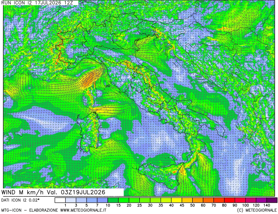 mappa 10 m Vento raffica massima