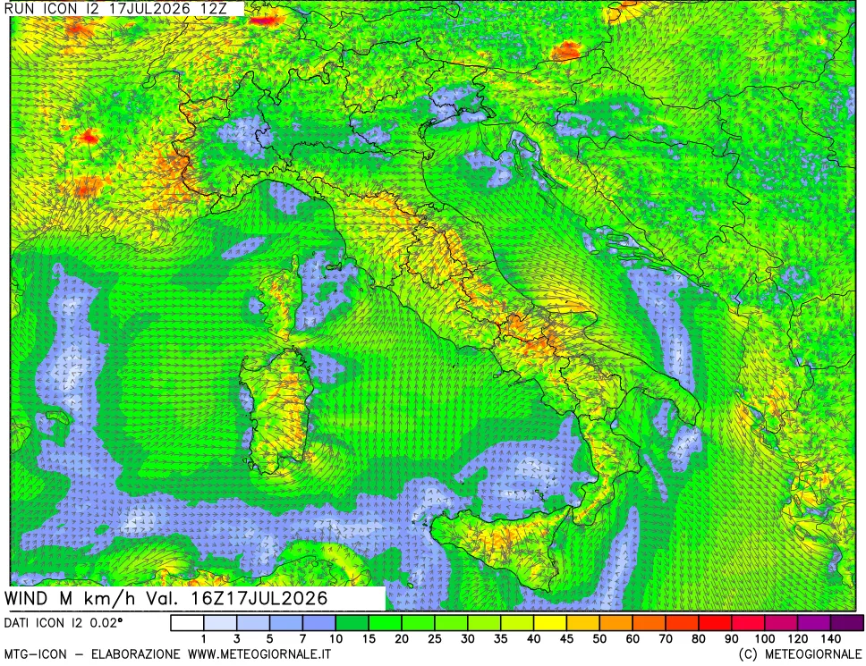 mappa 10 m Vento raffica massima