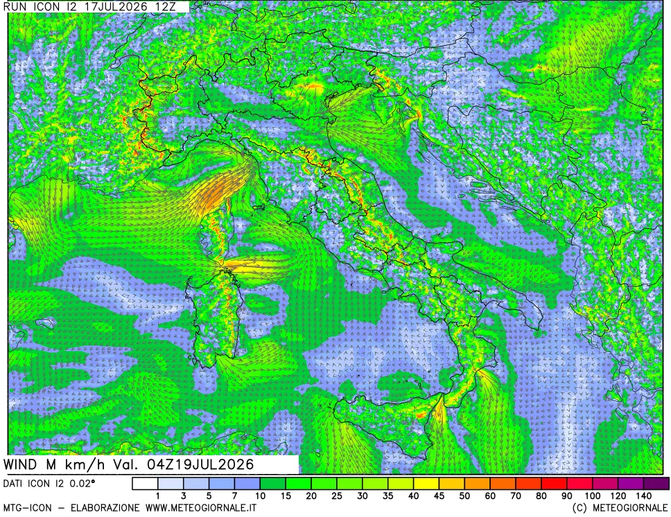 mappa 10 m Vento raffica massima