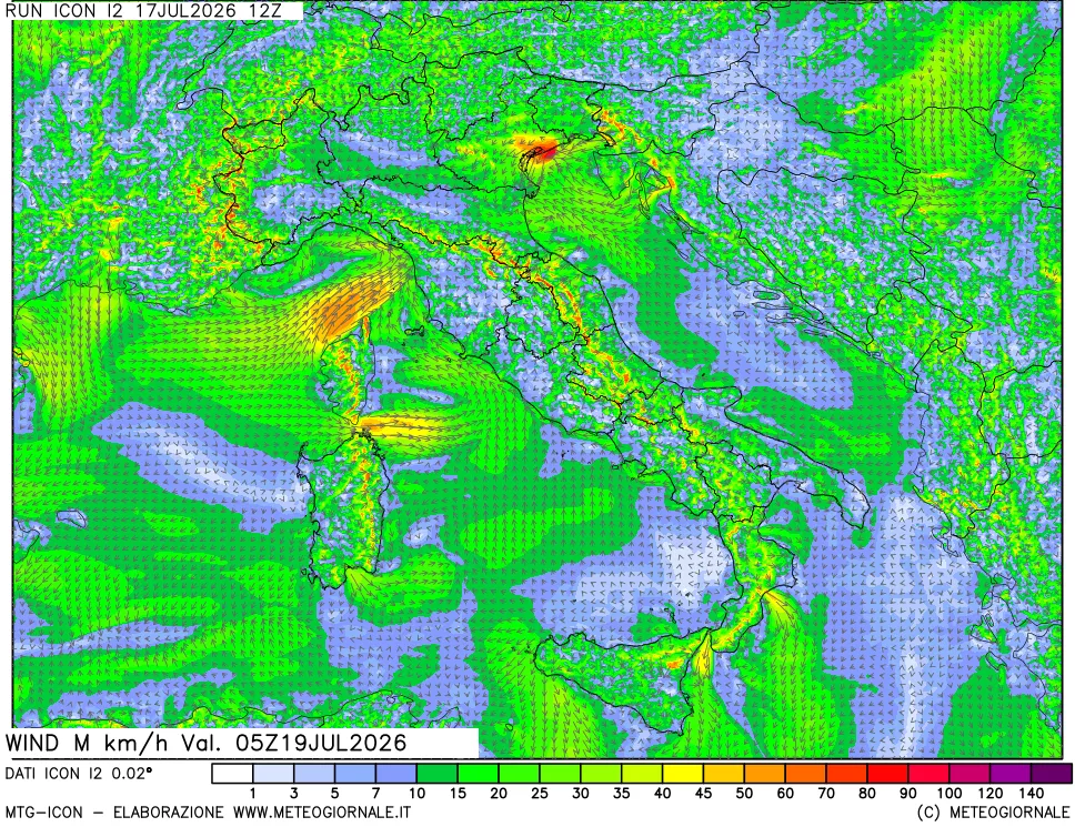 mappa 10 m Vento raffica massima