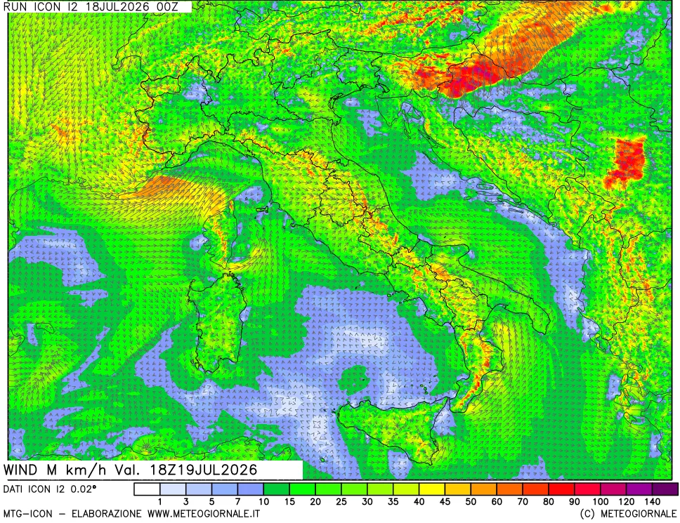 mappa 10 m Vento raffica massima