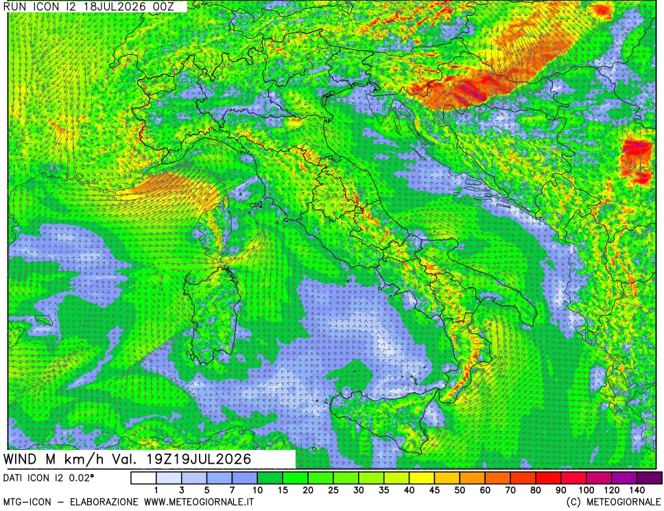 mappa 10 m Vento raffica massima