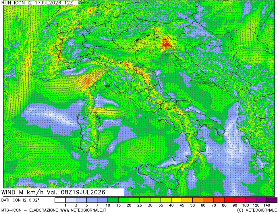 mappa 10 m Vento raffica massima