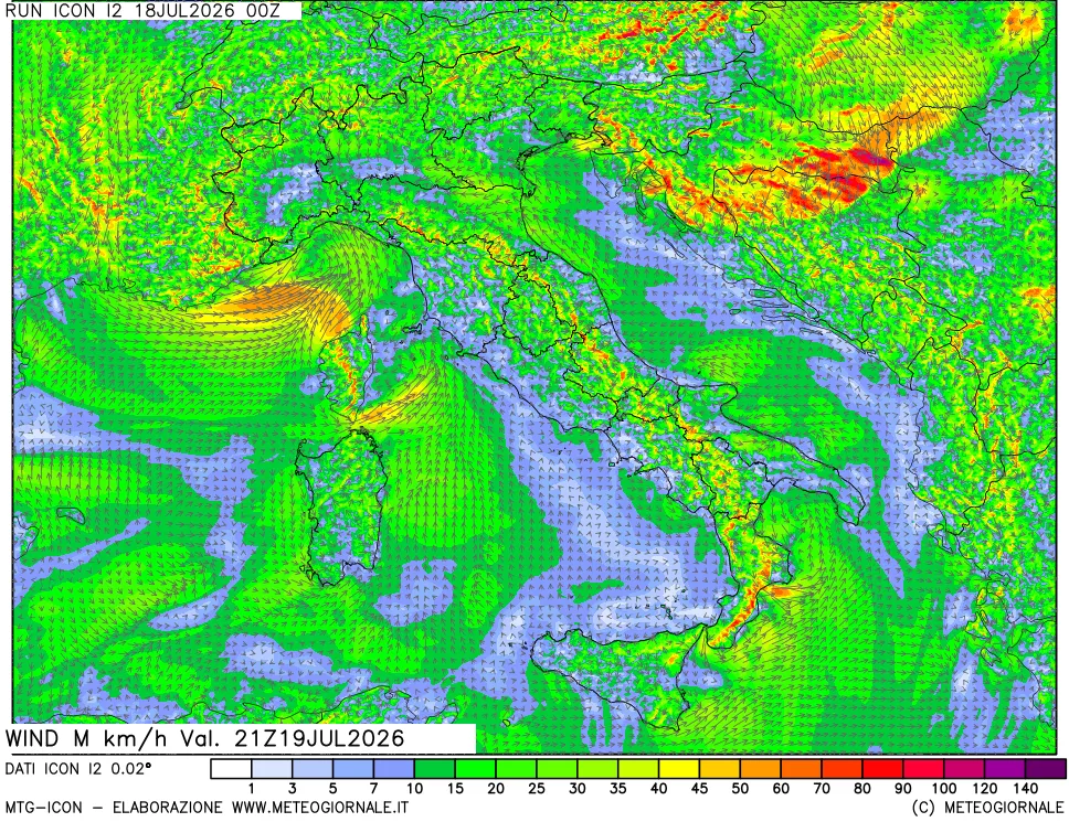 mappa 10 m Vento raffica massima