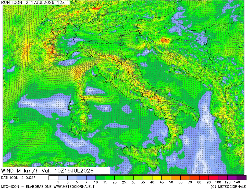 mappa 10 m Vento raffica massima