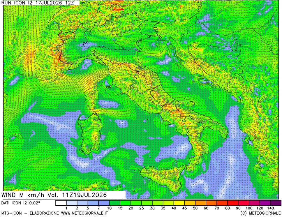 mappa 10 m Vento raffica massima