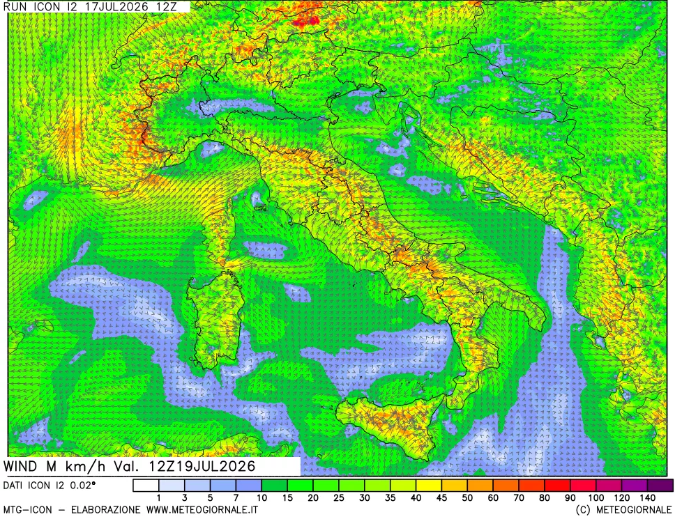 mappa 10 m Vento raffica massima