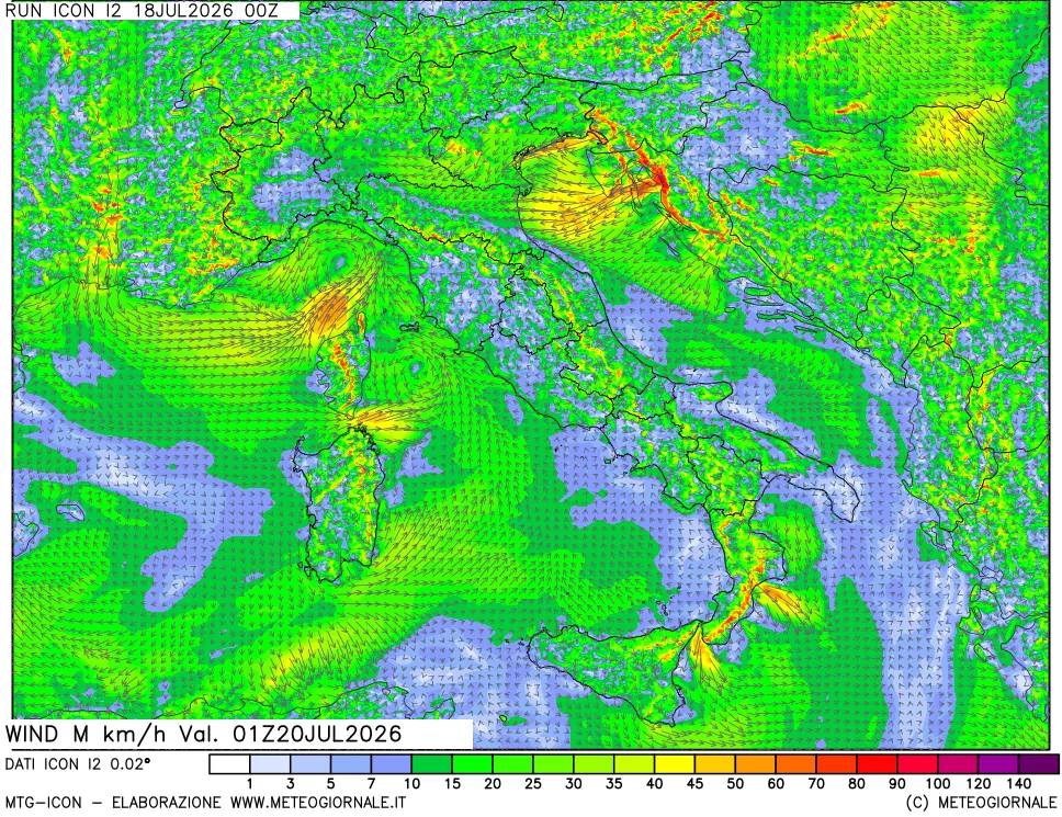 mappa 10 m Vento raffica massima