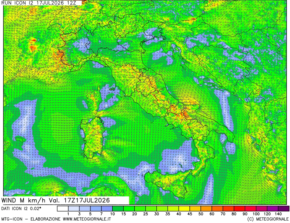 mappa 10 m Vento raffica massima