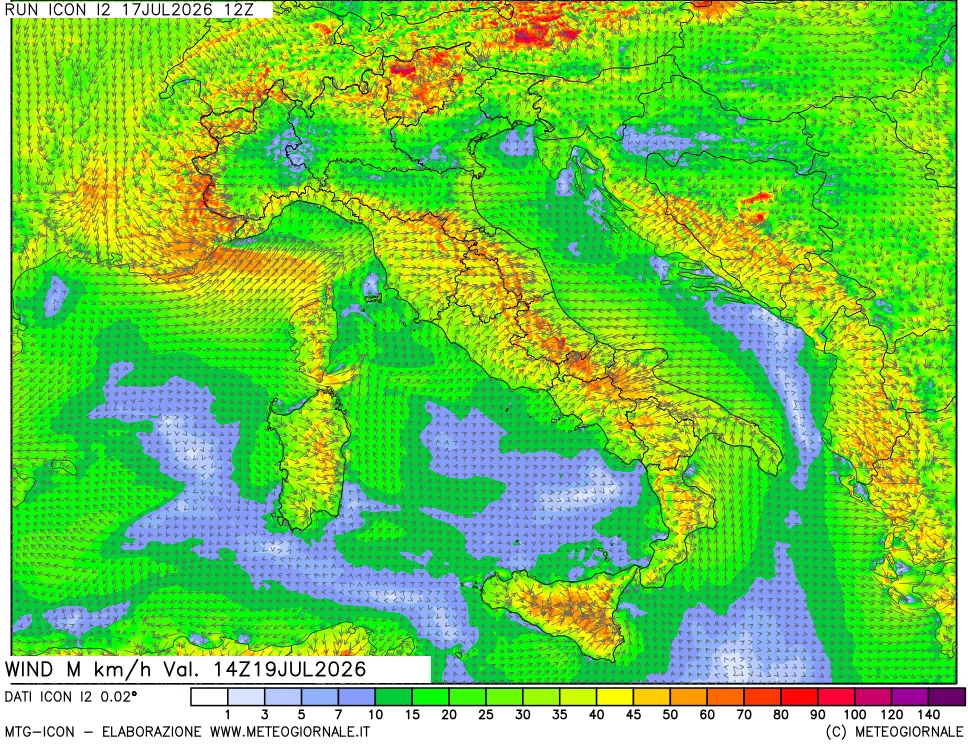 mappa 10 m Vento raffica massima