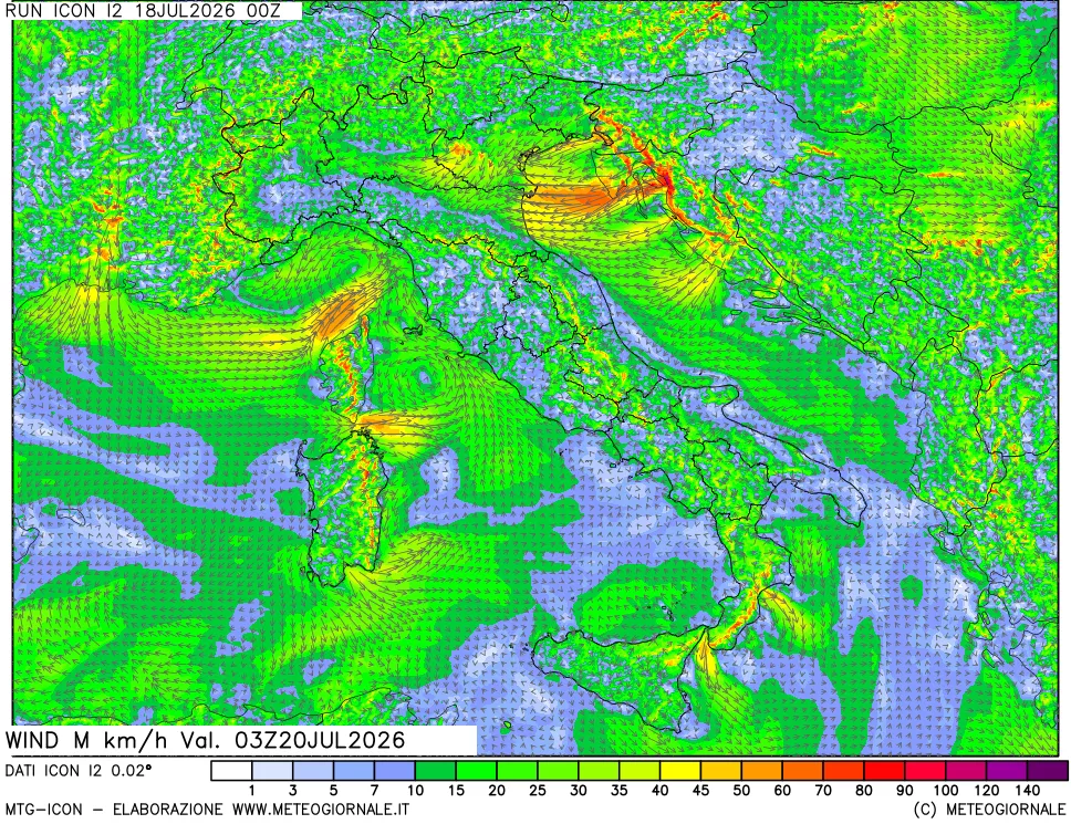 mappa 10 m Vento raffica massima