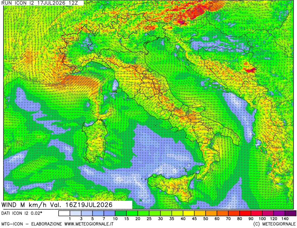 mappa 10 m Vento raffica massima