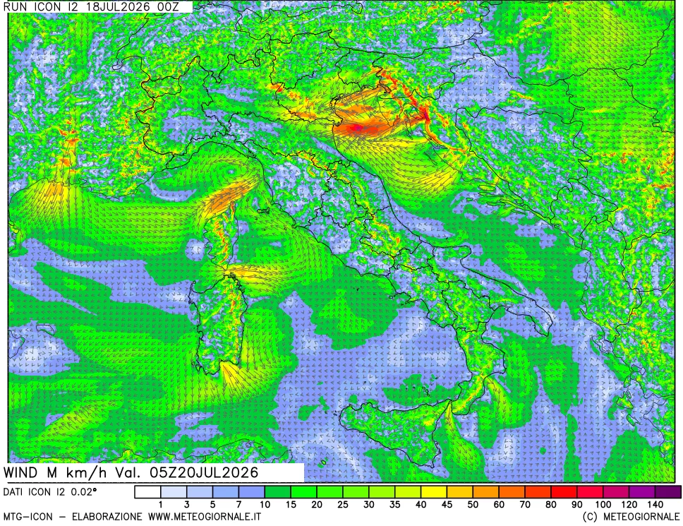 mappa 10 m Vento raffica massima
