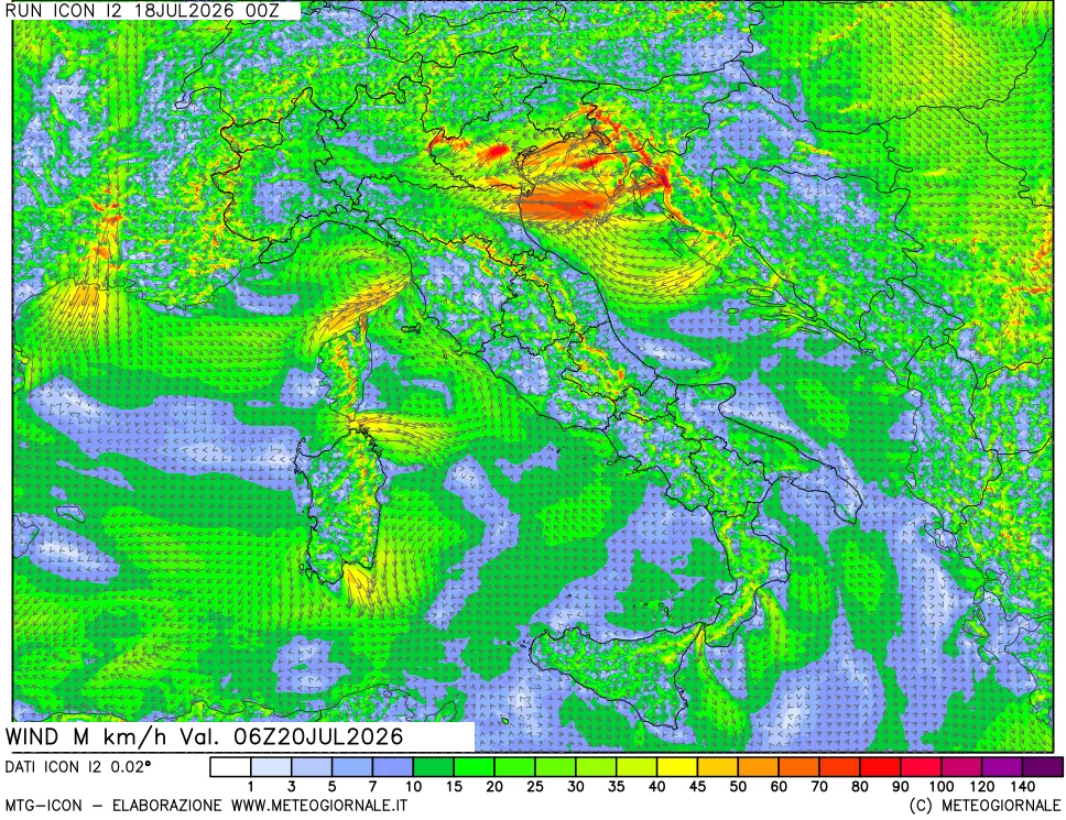 mappa 10 m Vento raffica massima