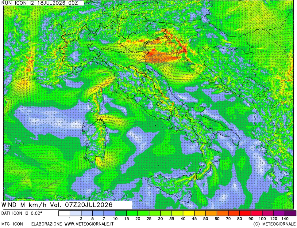 mappa 10 m Vento raffica massima