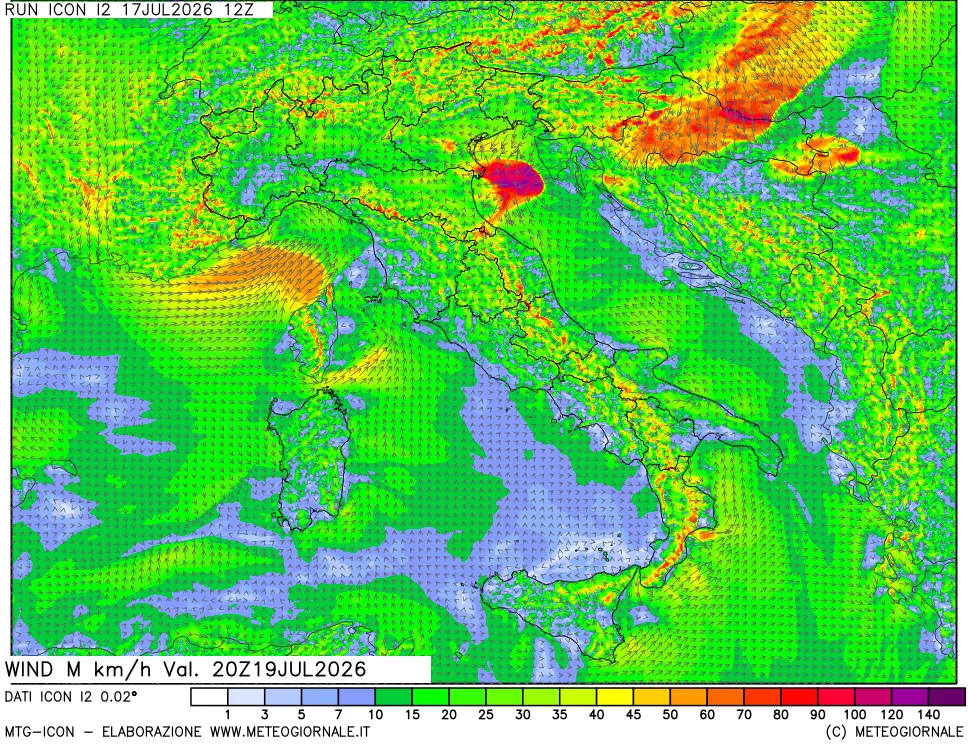 mappa 10 m Vento raffica massima