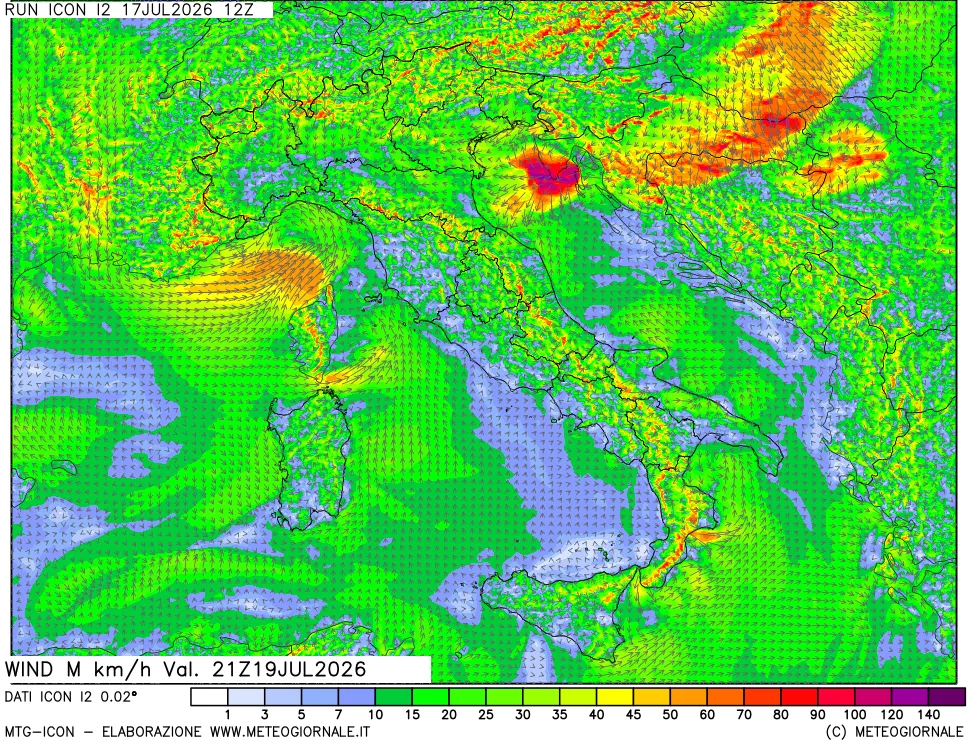 mappa 10 m Vento raffica massima