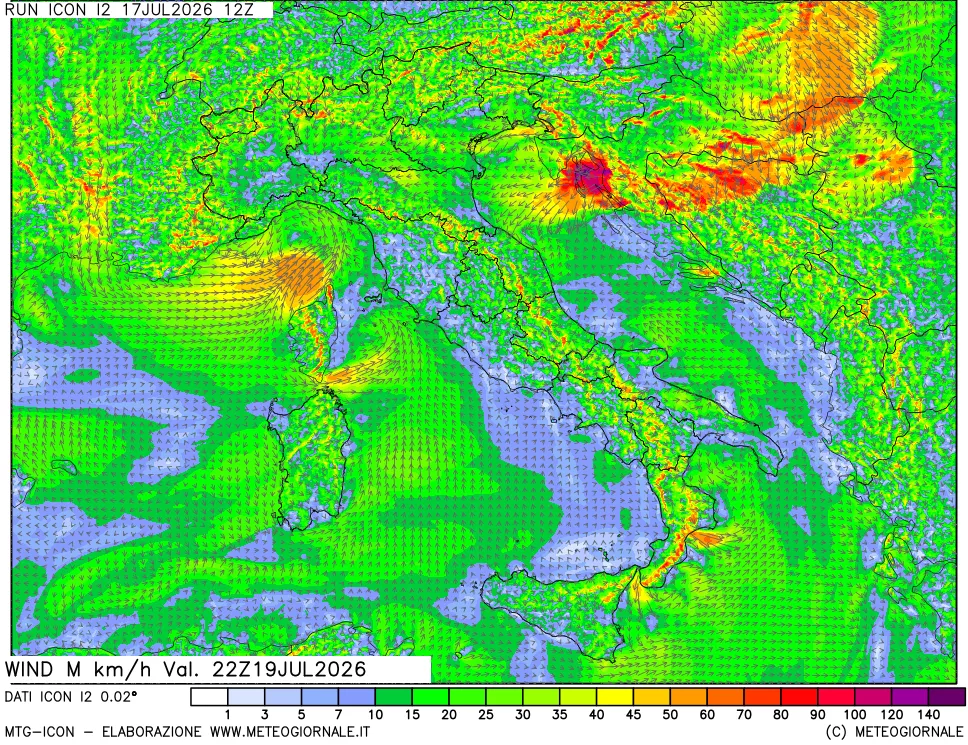 mappa 10 m Vento raffica massima