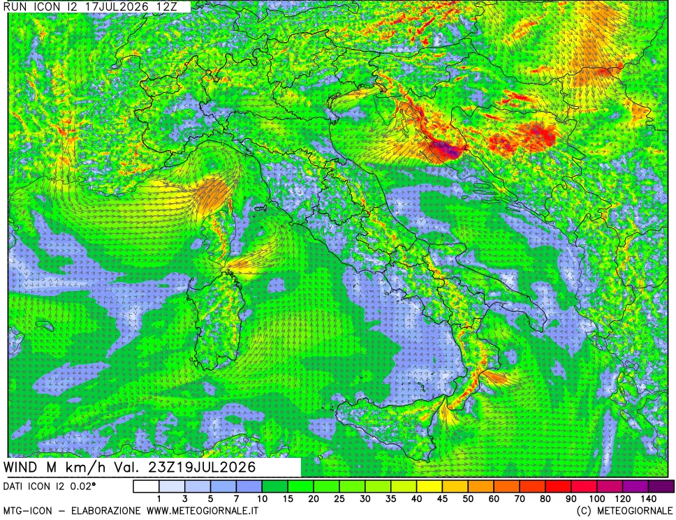 mappa 10 m Vento raffica massima
