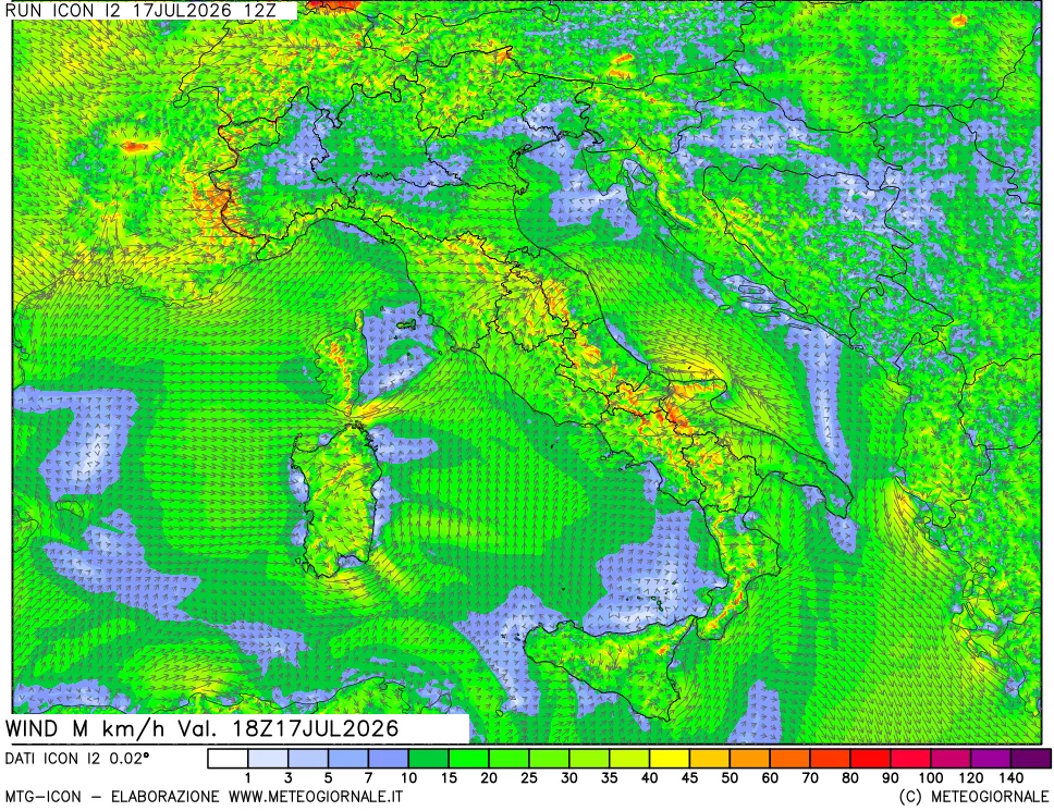 mappa 10 m Vento raffica massima