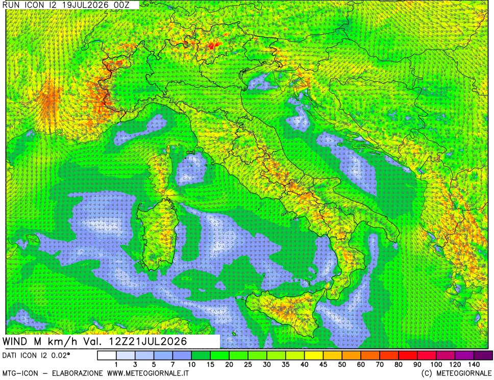 mappa 10 m Vento raffica massima