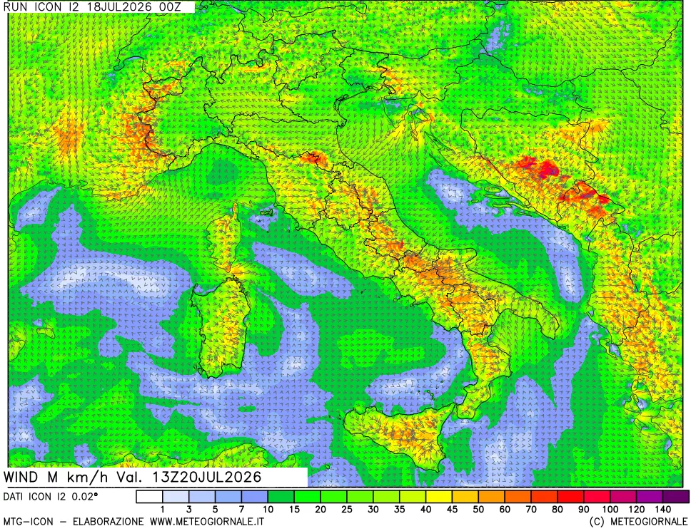 mappa 10 m Vento raffica massima