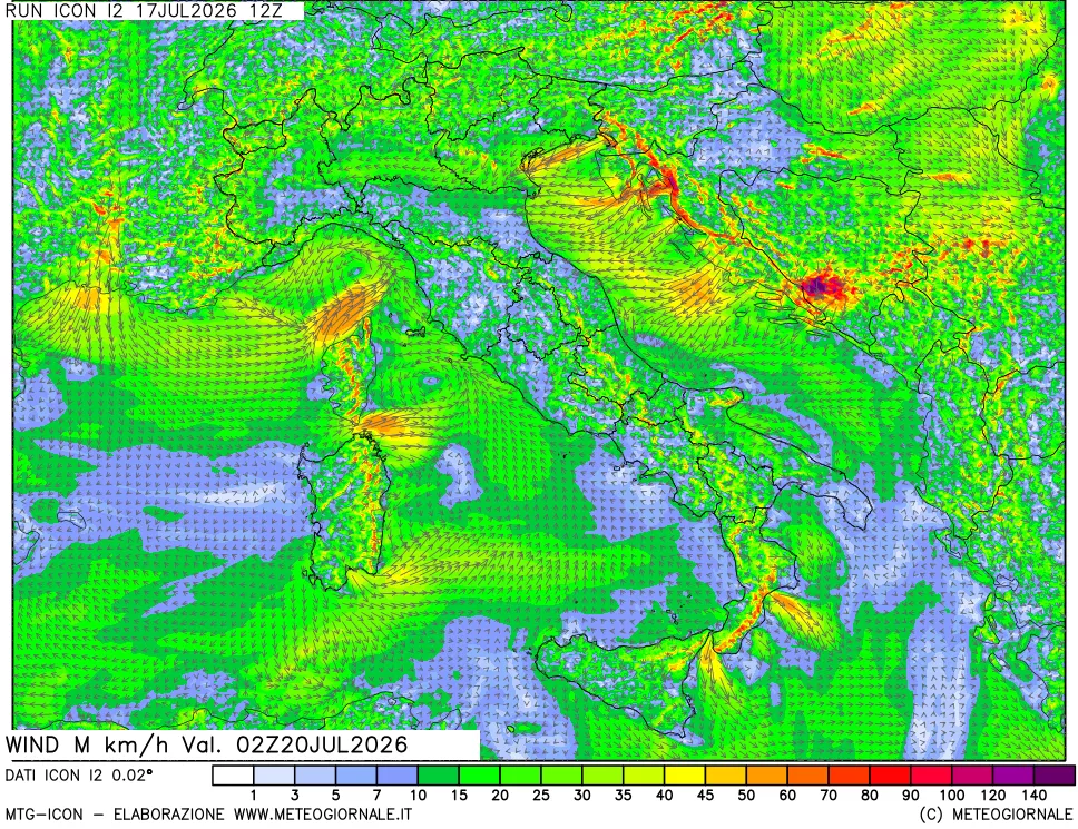 mappa 10 m Vento raffica massima