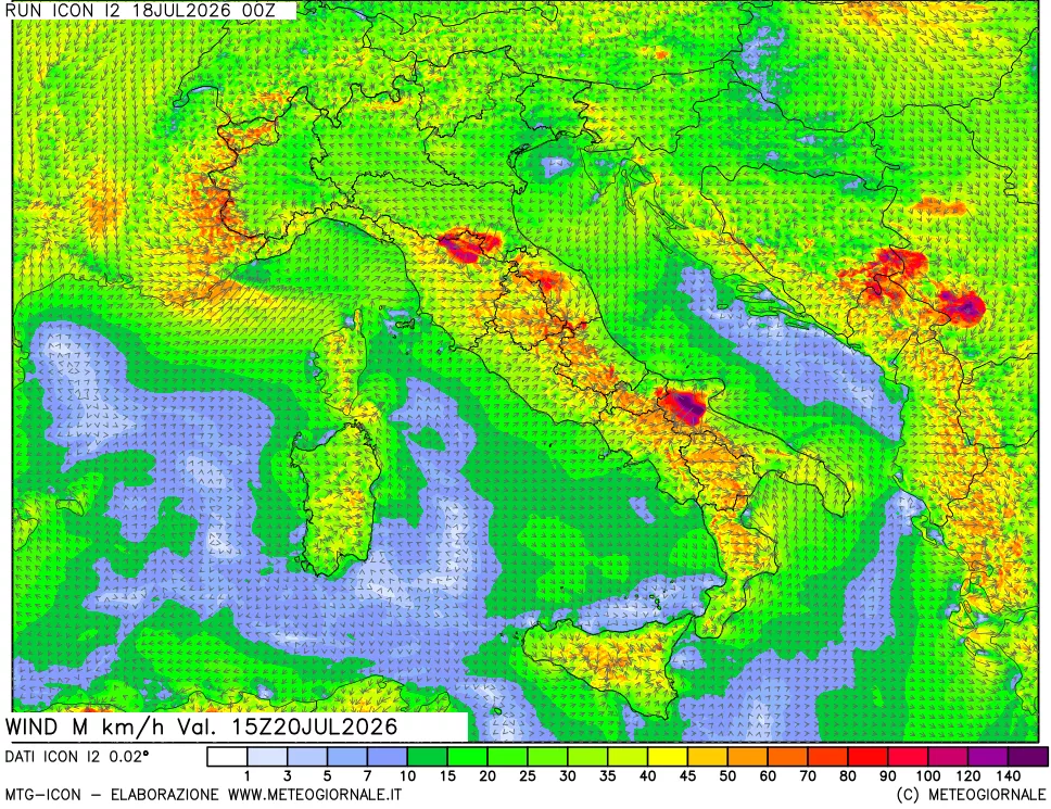 mappa 10 m Vento raffica massima