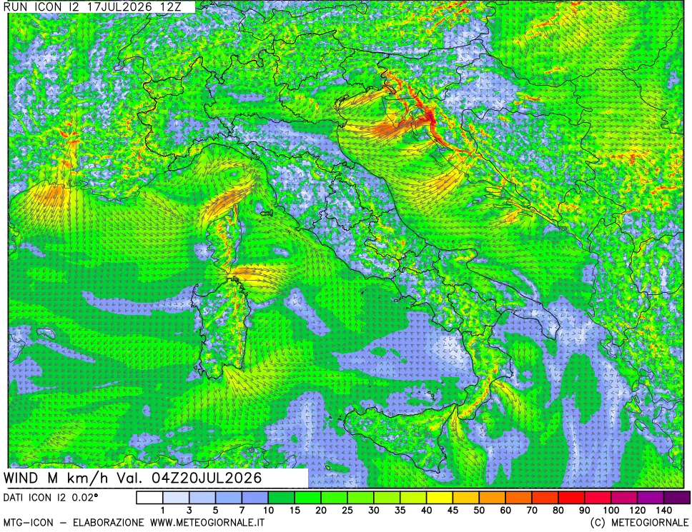 mappa 10 m Vento raffica massima