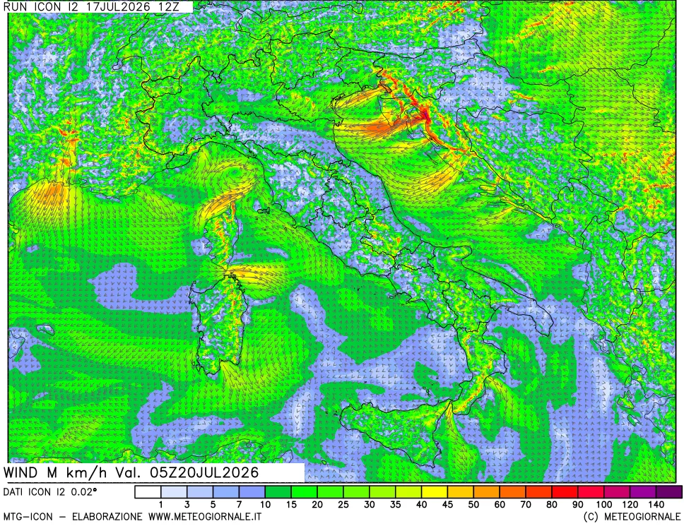 mappa 10 m Vento raffica massima