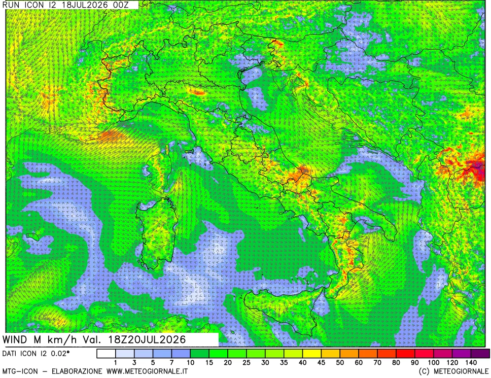 mappa 10 m Vento raffica massima