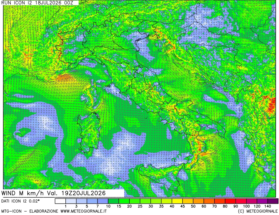 mappa 10 m Vento raffica massima