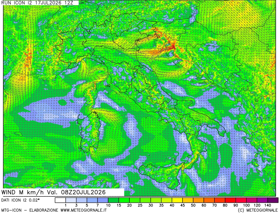 mappa 10 m Vento raffica massima
