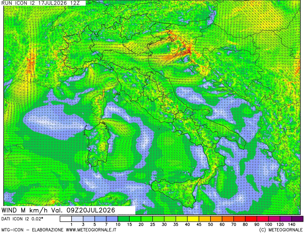 mappa 10 m Vento raffica massima