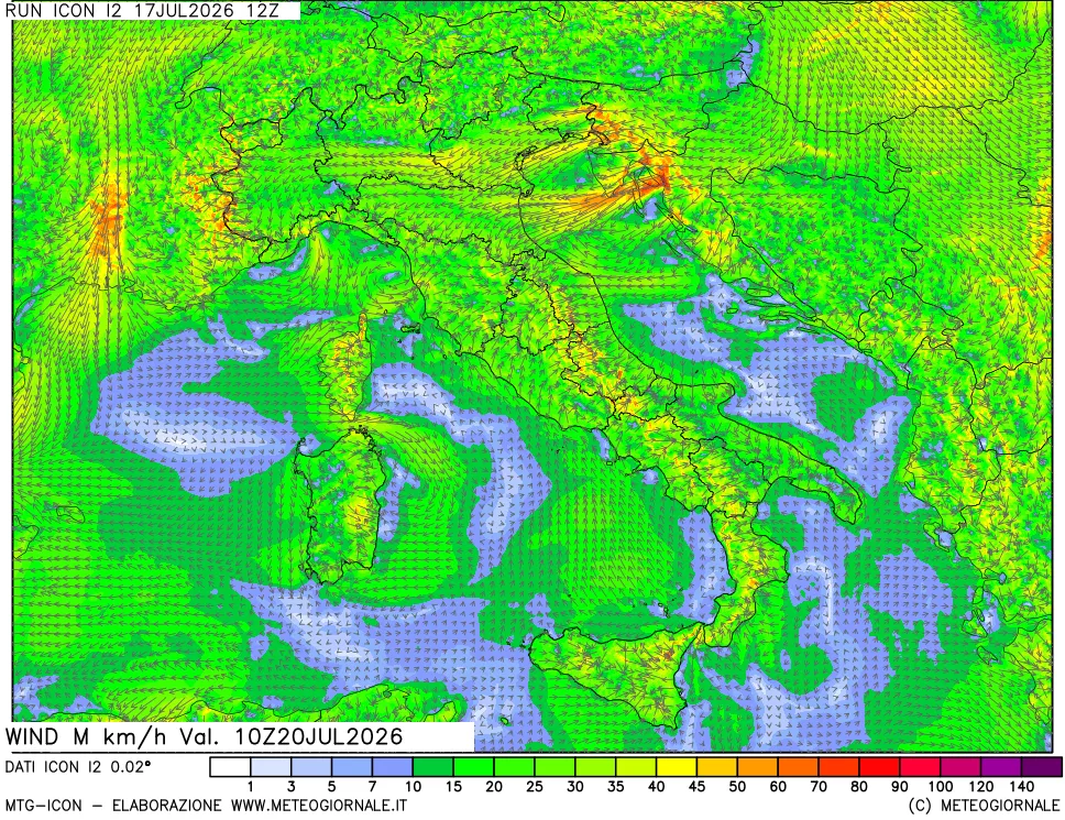 mappa 10 m Vento raffica massima
