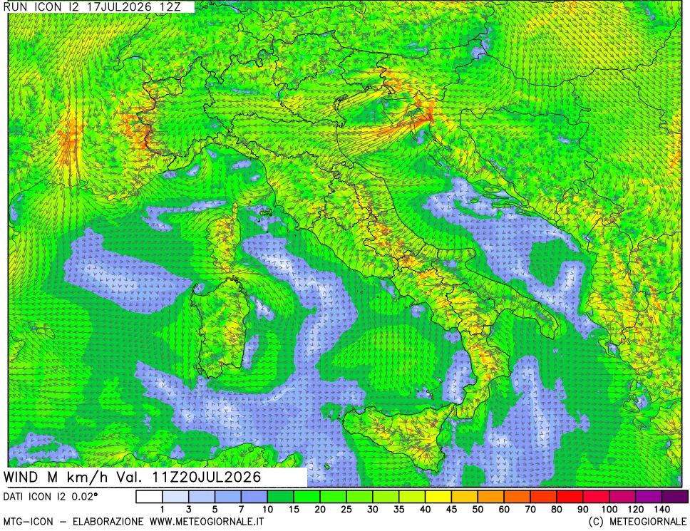 mappa 10 m Vento raffica massima