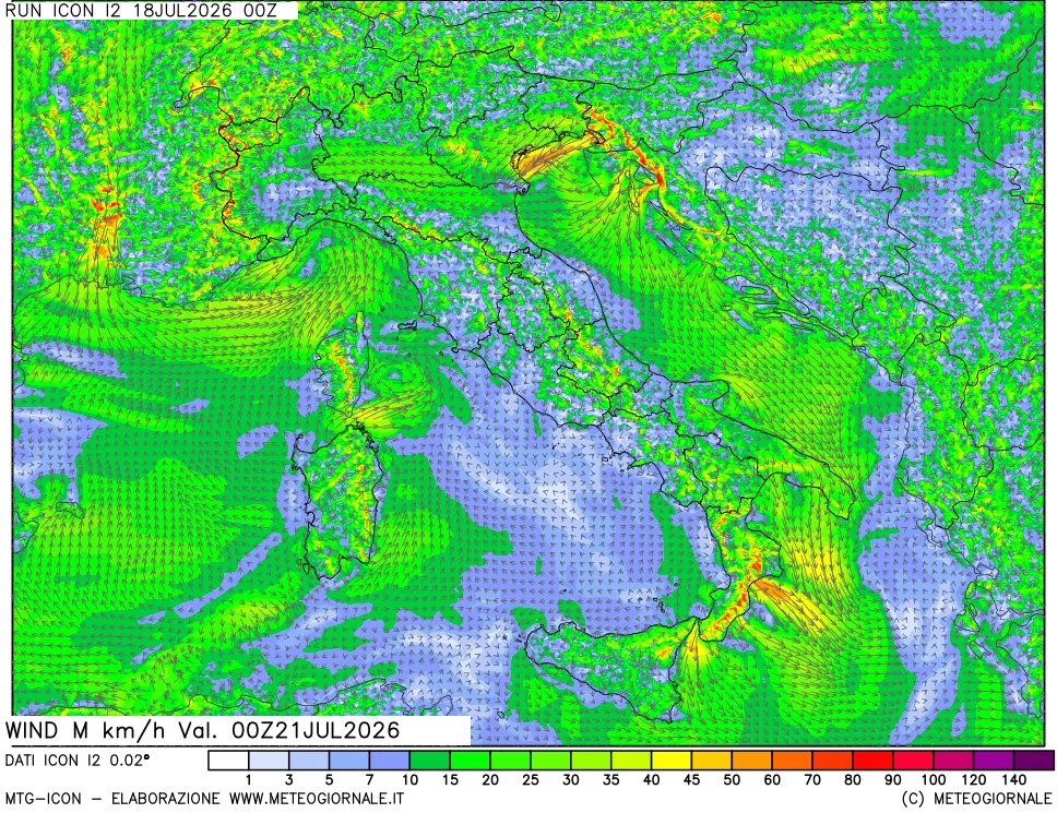 mappa 10 m Vento raffica massima