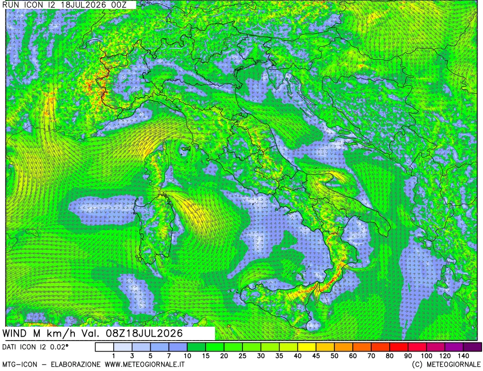 mappa 10 m Vento raffica massima