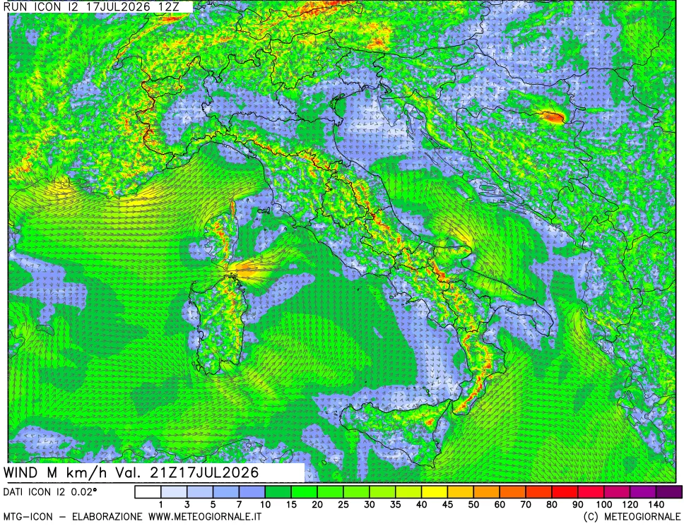 mappa 10 m Vento raffica massima