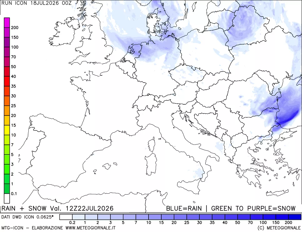 mappa Precipitazioni totali e nevose 24 ore precedenti