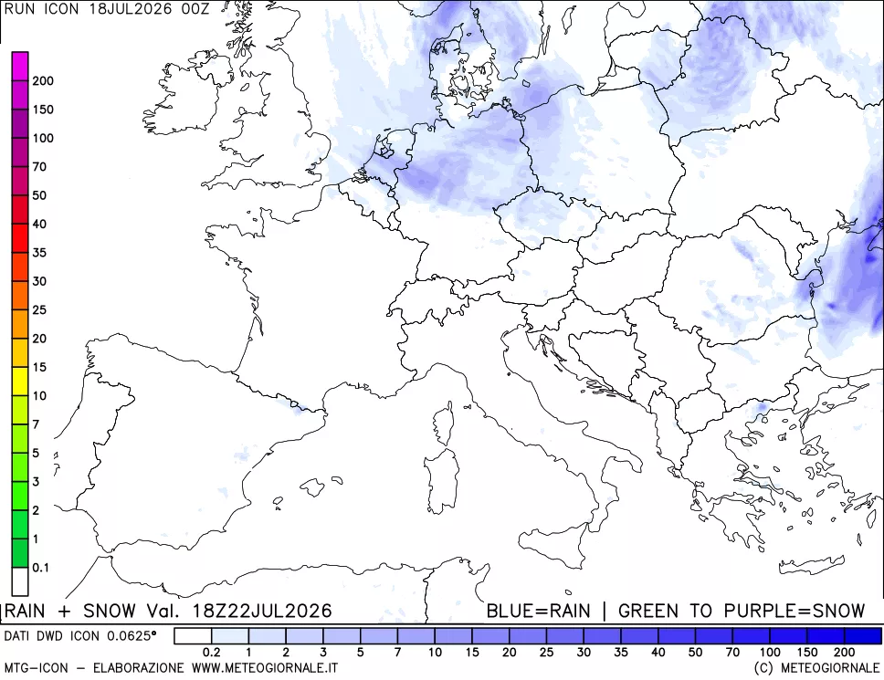 mappa Precipitazioni totali e nevose 24 ore precedenti