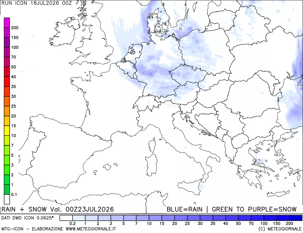 mappa Precipitazioni totali e nevose 24 ore precedenti