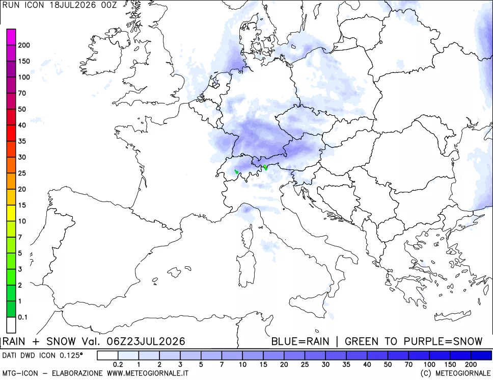 mappa Precipitazioni totali e nevose 24 ore precedenti