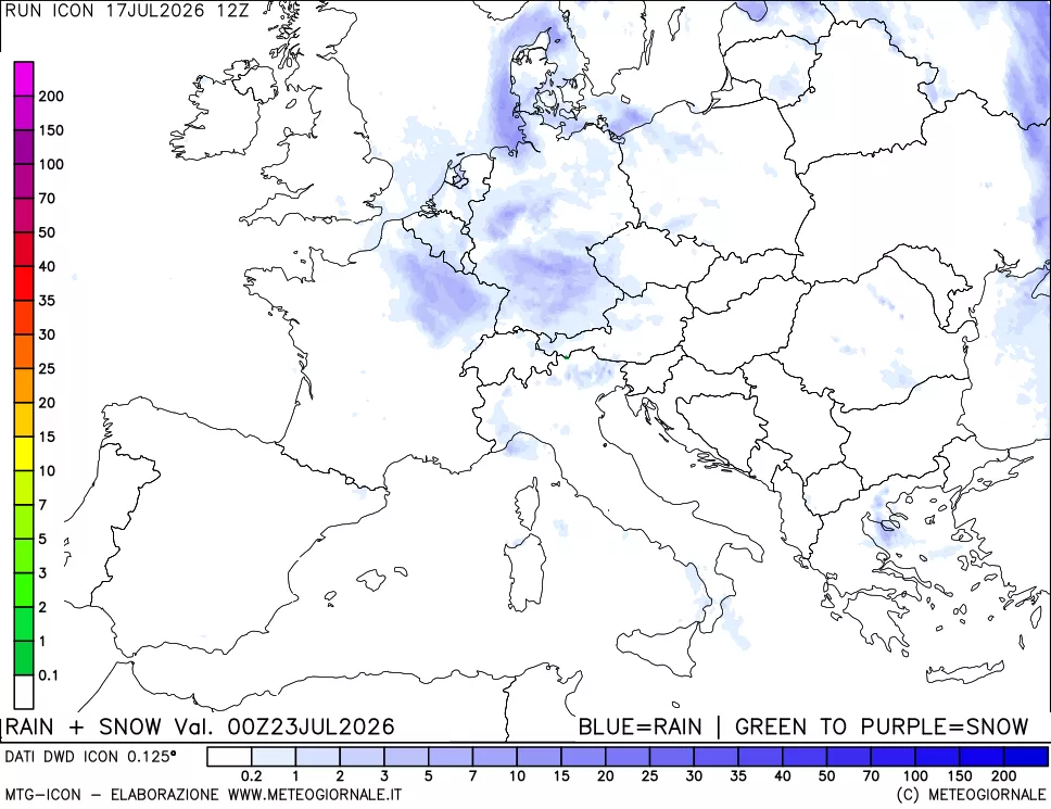 mappa Precipitazioni totali e nevose 24 ore precedenti