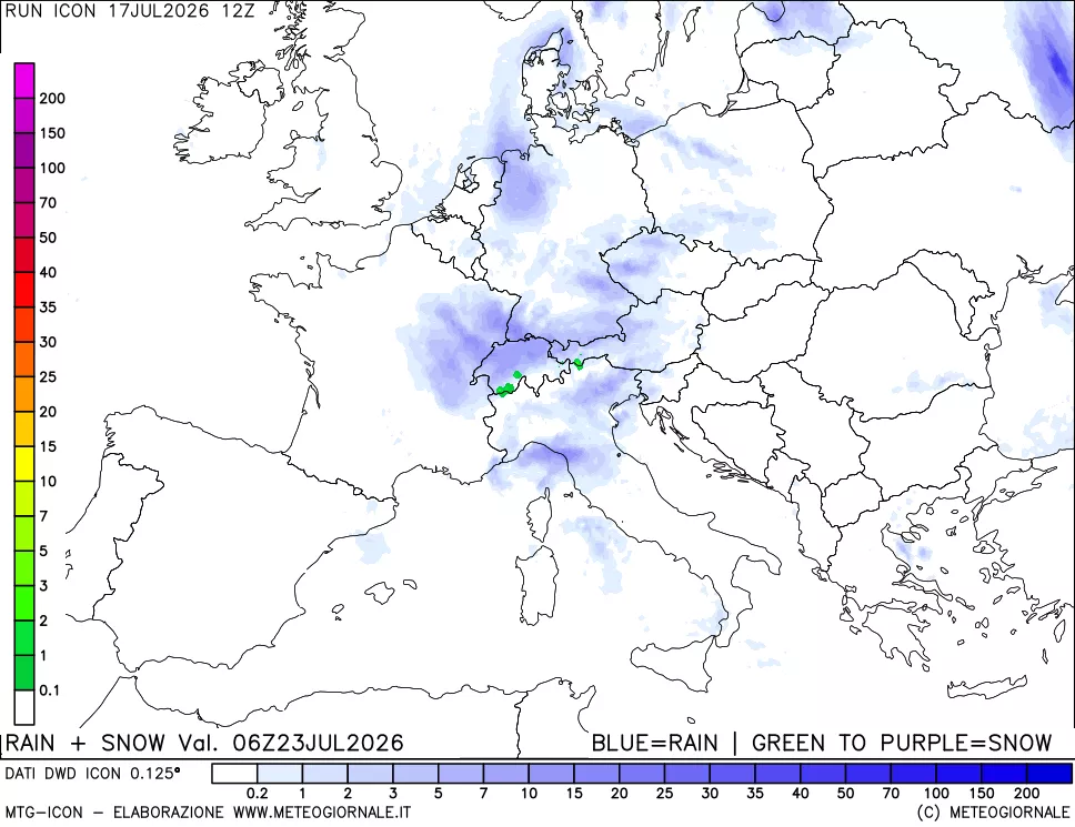 mappa Precipitazioni totali e nevose 24 ore precedenti