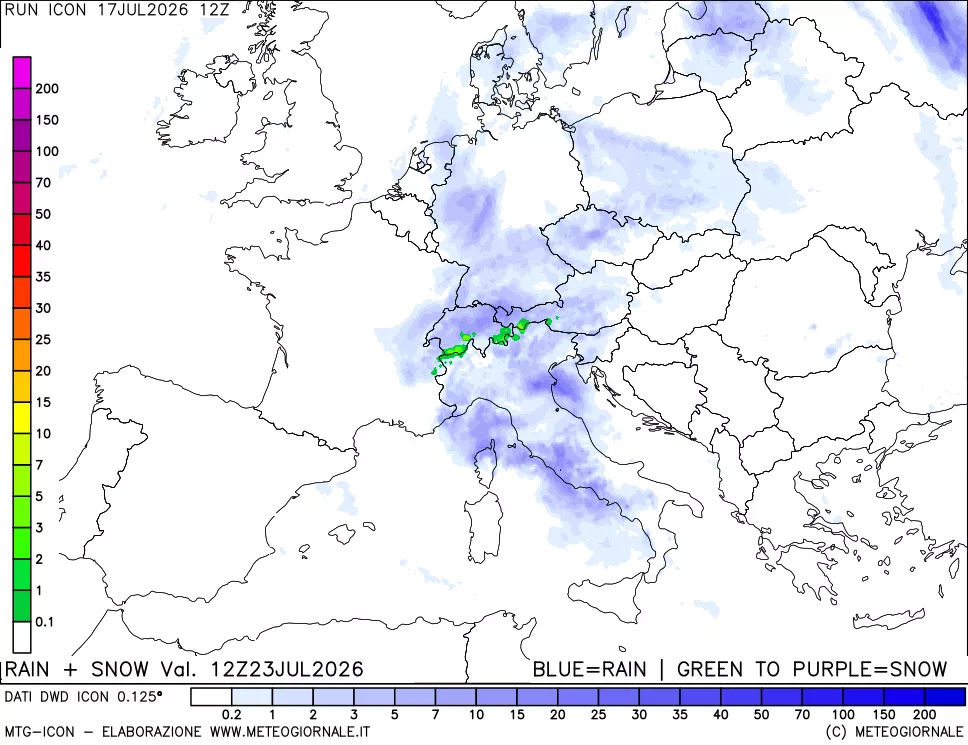 mappa Precipitazioni totali e nevose 24 ore precedenti