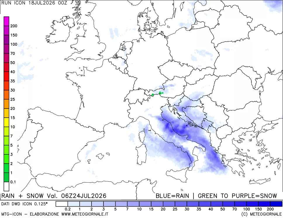 mappa Precipitazioni totali e nevose 24 ore precedenti