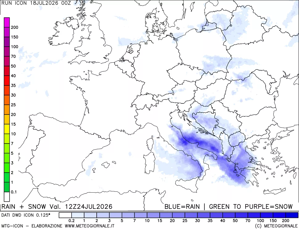 mappa Precipitazioni totali e nevose 24 ore precedenti