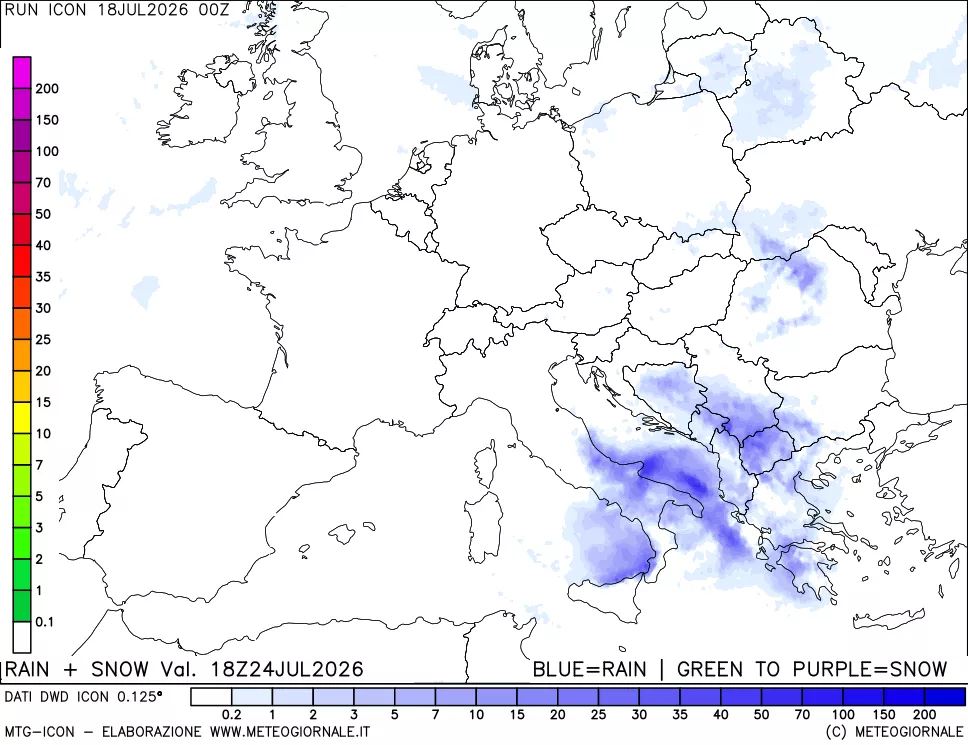 mappa Precipitazioni totali e nevose 24 ore precedenti
